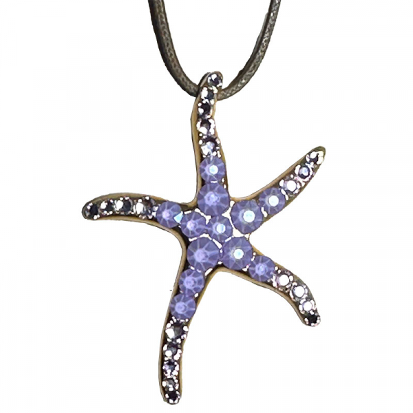 Ekaterini necklace, starfish, aqua blue Swarovski crystals brown cord and with gold accents, side